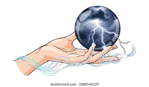 Una mano sostiene una bola de cristal con un rayo en su interior, rodeada de energía arremolinada. Aislada en blanco, la Imagen transmite una sensación de magia y poder crudo e indomable.