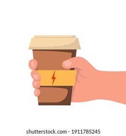 Hand holds cup of coffee. Energy drink concept. Illustration isolated on white background.