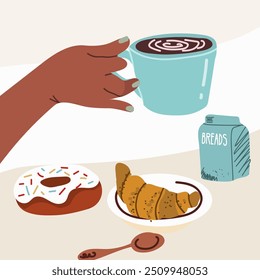 Uma mão segura uma xícara de café, um copo de chá, uma caixa de leite, creme, uma rosquinha, um croissant em um prato, com uma colher. Ilustração de vetor de desenho manual.