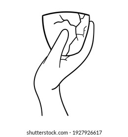 Hand holds a cup with a crack black outline isolated on white background, kintsugi, stock vector illustration for design and decoration, print, template, banner