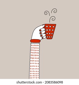 Hand holds cup of tea, or coffee. Hand drawn doodle illustration. 