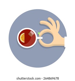 Hand holds cup of tea with lemon in cartoon style. Vector EPS10