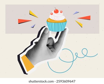 A hand holds cupcake. Modern photo collage style. Vector illustration