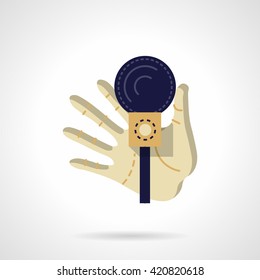 A hand holds dark blue microphone. Media entertainment, karaoke, show, party organization. Journalist interview. Flat style color vector icon.