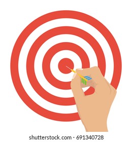 The hand holds a dart dart. The game of darts. Flat design, vector illustration, vector.