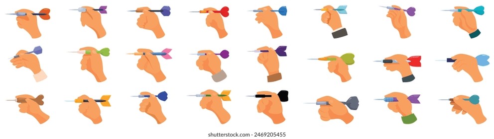 Hand holds dart icons set vector. A row of hands holding different colored darts. Concept of fun and excitement, as the various colors of the darts suggest a playful and competitive atmosphere