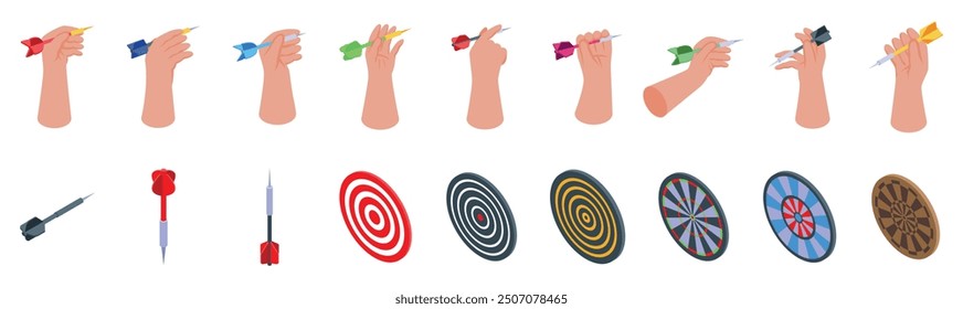 Hand holds dart icons set. Set of icons representing the game of darts, showing different ways of holding and throwing the dart