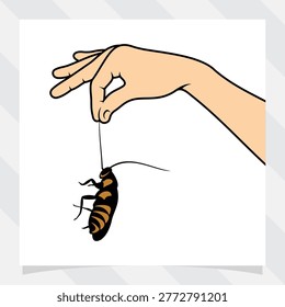 a hand holds a dead cockroach. concept of pest control vector illustration.
