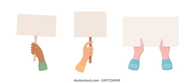 Hand holds demonstration sign template collection, woman hold isolated blank empowerment signboard, character show up support board, human parade strike flag, person raise protest placard,