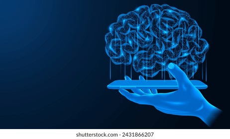 Hand holds a device with an artificial brain. Polygonal mind design consisting of interconnected lines and dots. Blue background.