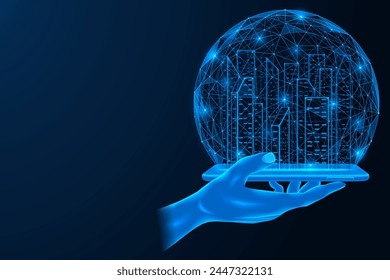 Hand holds a device that projects images of the city. A hologram of skyscrapers under the dome of network connections.