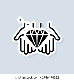 La mano sostiene una pegatina de diamantes. Icono de línea de concepto de valor. Gema de diamantes en icono de mano, cristal de lujo o brillante, joyería de contorno. Vector de fondo blanco aislado. EPS 10.