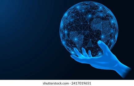 Hand holds the digital planet Earth. Polygonal design of interconnected lines and dots. Blue background.