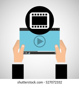 hand holds digital player strip film vector illustration eps 10