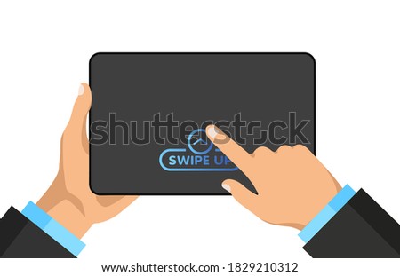 Hand holds digital tablet with swipe button on a screen for social media. Scroll arrow and web icons for advertising and marketing in different apps. Man swipes up on the smartphone display.