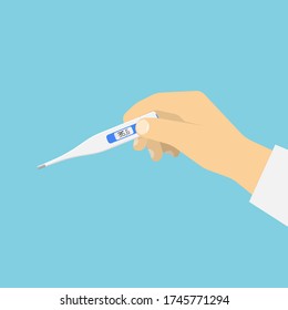 The hand holds a digital thermometer. Vector illustration in flat style
