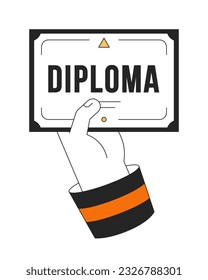 Hand holds diploma document flat line color isolated vector object. Certificate from college. Editable clip art image on white background. Simple outline cartoon spot illustration for web design