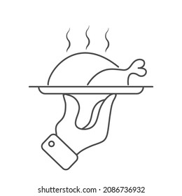 hand holds a dish of chicken. Vector image for logo, emblem, stickers or stickers. Flat style.