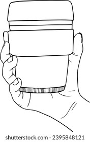 A hand holds a disposable cup for coffee or tea, linear illustration, hand drawing