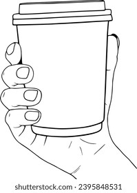 A hand holds a disposable cup for coffee or tea, linear illustration, hand drawing