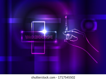 Hand holds Disposable sterile medical syringe. Virus protection concept for Stopping pandemia. Neon glowing style Vector.
Vaccinations - save humanity from epidemics of dangerous Disease, coronavirus