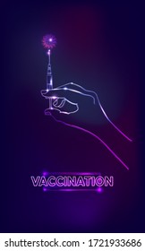 Hand holds Disposable sterile medical syringe. Virus protection concept for Stopping pandemic. Neon glowing style Vector.
Vaccinations - save humanity from epidemics of dangerous Disease, coronavirus