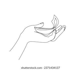 Hand holds diya lamp or oil lamp outline vector design. Continuous one line drawing of hand holding oil lamp. Editable stroke.