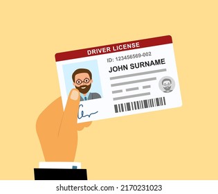 The Hand Holds The Document Driver License For A Car On Yellow Background. A Plastic Passport Card In The Person Hand. Vector Illustration