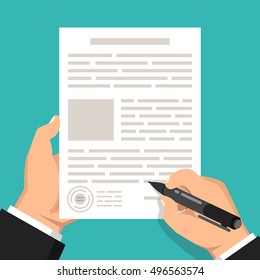 Hand holds document and other hand with pen signs documents. Flat vector illustration.