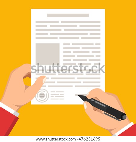 Hand holds document and other hand with pen signs documents. Flat vector illustration.