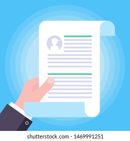 Hand holds document paper sheet with pesonal data flat style vector illustration with photo and portfolio concept of interview job, qualification test evaluation, cv isolated on light blue background.