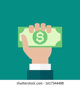 Hand holds dollar banknote. Vector flat illustration on blue. Give, receive, take, earn cash. Financial success, salary, investment, dividend. Currency, pay, rich, win money.