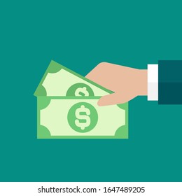 Hand holds dollar banknote. Vector flat illustration on blue. Give, receive, take, earn cash. Financial success, salary, investment, dividend. Currency, pay, rich, win money.