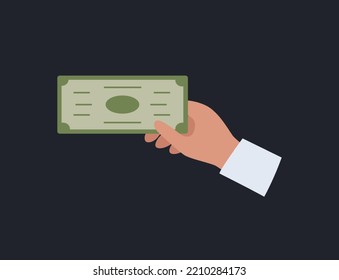 The hand holds a dollar bill. Cash payment, purchase transaction. Vector illustration in a flat style