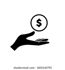 Hand holds a dollar coin. Vector icon, flat minimal design, black flat silhouette, isolated on white background, eps 10. Concept: business, finance.