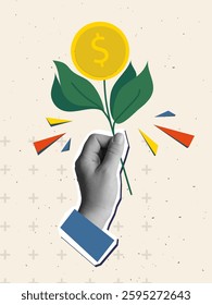 A hand holds a dollar tree. Modern collage style. Vector illustration
