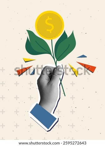 A hand holds a dollar tree. Modern collage style. Vector illustration