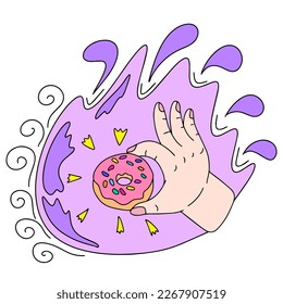 The hand holds the donat. The concept of a delicious snack. This is a vector picture in the style of a comic book
