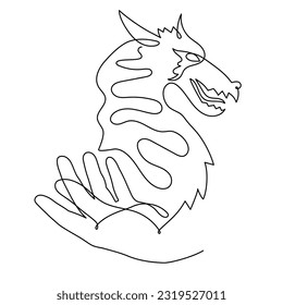 Hand holds dragon one line art,continuous contour drawing, hand-drawn mythical chinese animal outline, horoscope zodiac sign,fairy tale creature ancient dinosaur.Editable stroke.Isolated.Vector