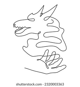 Hand holds dragon one line art,continuous contour drawing, hand-drawn mythical chinese animal outline, horoscope zodiac sign,fairy tale creature ancient dinosaur.Editable stroke.Isolated.Vector