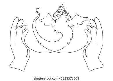 Hand holds dragon one line art,continuous contour drawing, hand-drawn mythical chinese animal outline, horoscope zodiac sign,fairy tale creature ancient dinosaur.Editable stroke.Isolated.Vector