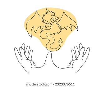 Hand holds dragon one line art,continuous contour drawing, hand-drawn mythical chinese animal outline, horoscope zodiac sign,fairy tale creature ancient dinosaur.Editable stroke.Isolated.Vector