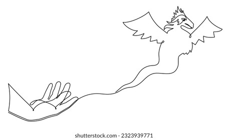 Hand holds dragon one line art,continuous contour drawing, hand-drawn mythical chinese animal outline, horoscope zodiac sign,fairy tale creature ancient dinosaur.Editable stroke.Isolated.Vector