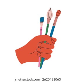Hand holds a drawing brushes. Flat vector illustration isolated on white background.