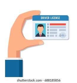 Hand holds a driver license. Indification card photo ID. Vector illustration in flat style isolated on white background