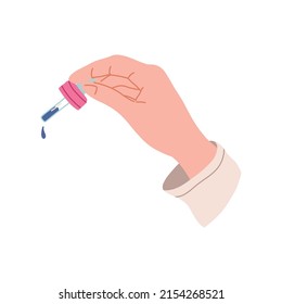 Hand holds dropper or pipette with essential oil or facial serum, flat vector illustration isolated on white background. Skin care routine concept. 