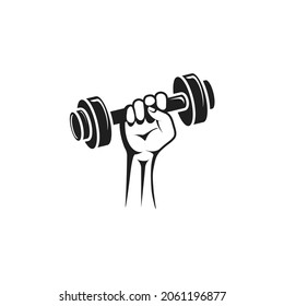 Hand holds a dumbbell up. Black outline isolated on a white background. Concept: sport, fitness, health, strength. Sports equipment in hand. Vector illustration, flat minimal design, isolated on white