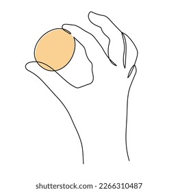 Hand holds easter egg one-line art, hand drawn palm continuous contour. Christian holiday design, festive decoration. Editable stroke. Isolated. Vector illustration