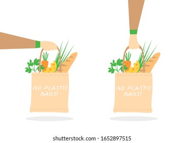 Hand holds eco bag with groceries. Textile eco bag with products. Caring for the environment. No plastic bags. Zero waste. Shopping vegan food. Lifestyle. Vector illustration in a flat style. Set.