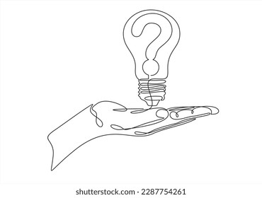 Hand holds Electric light bulb with question mark one line art, hand drawn asking sign, idea continuous contour. Query FAQ concept, finding answer. Editable stroke. Isolated. Vector illustration